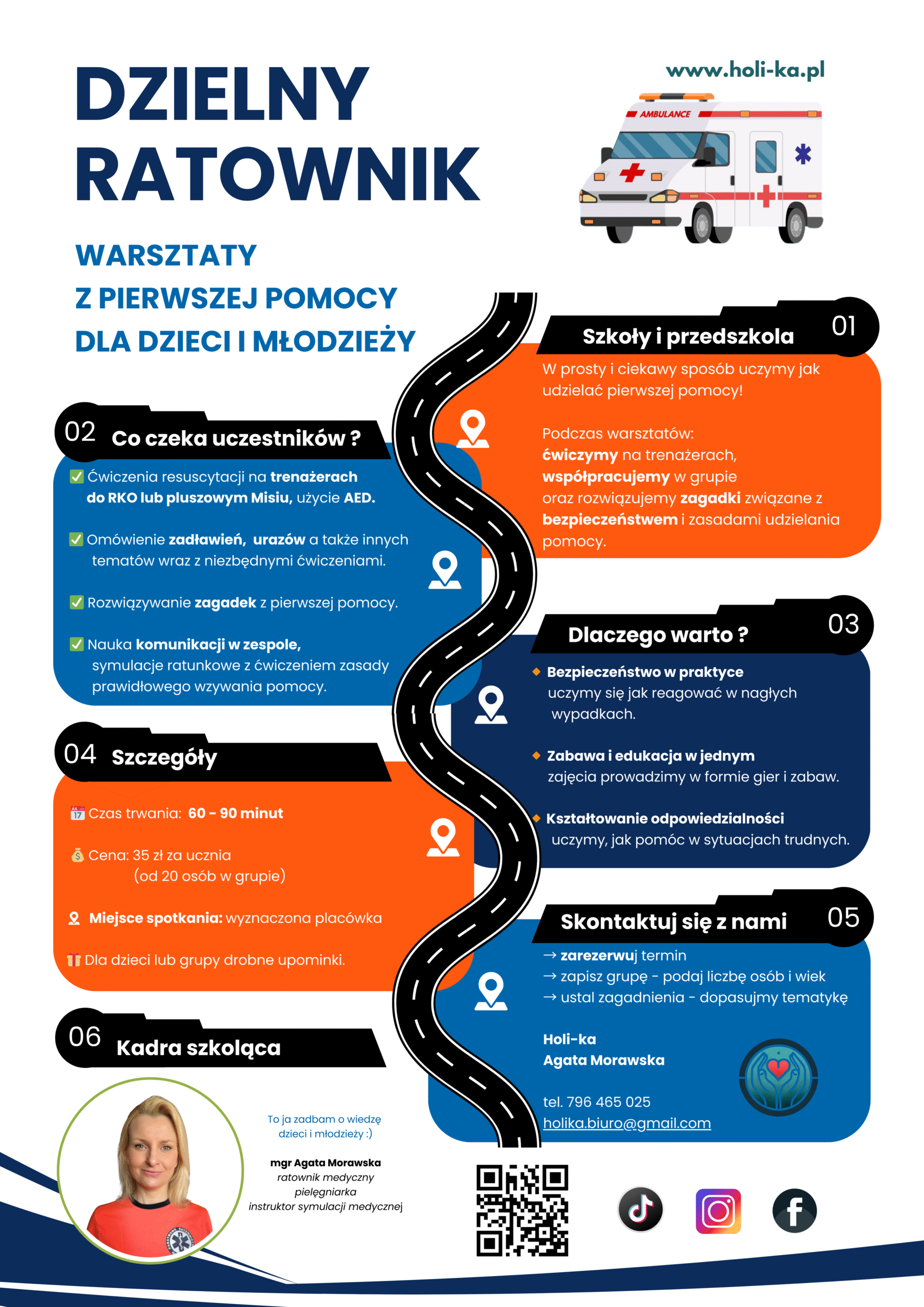 Grafika informacyjna przedstawiająca warsztaty pierwszej pomocy dla dzieci i młodzieży